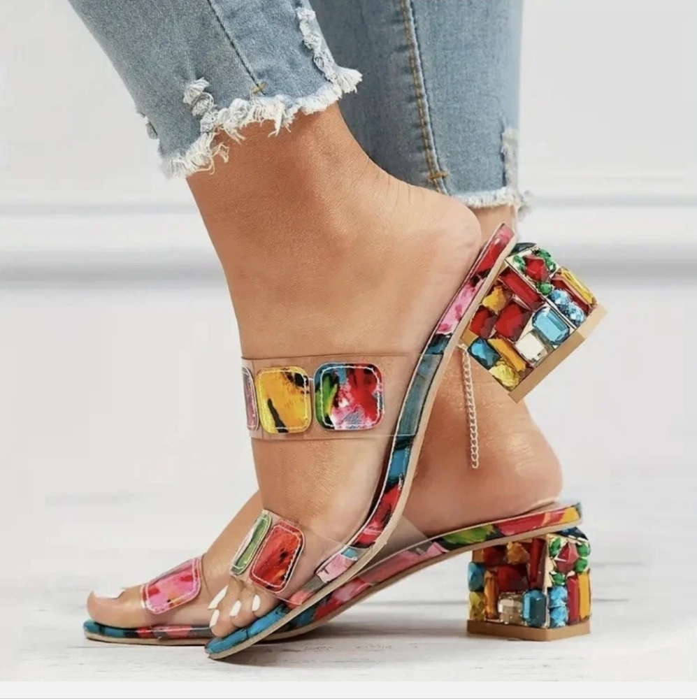 Fashion Colorful Jeweled Block Heel Sandal Size 37 / US 6 - Picture 14 of 15